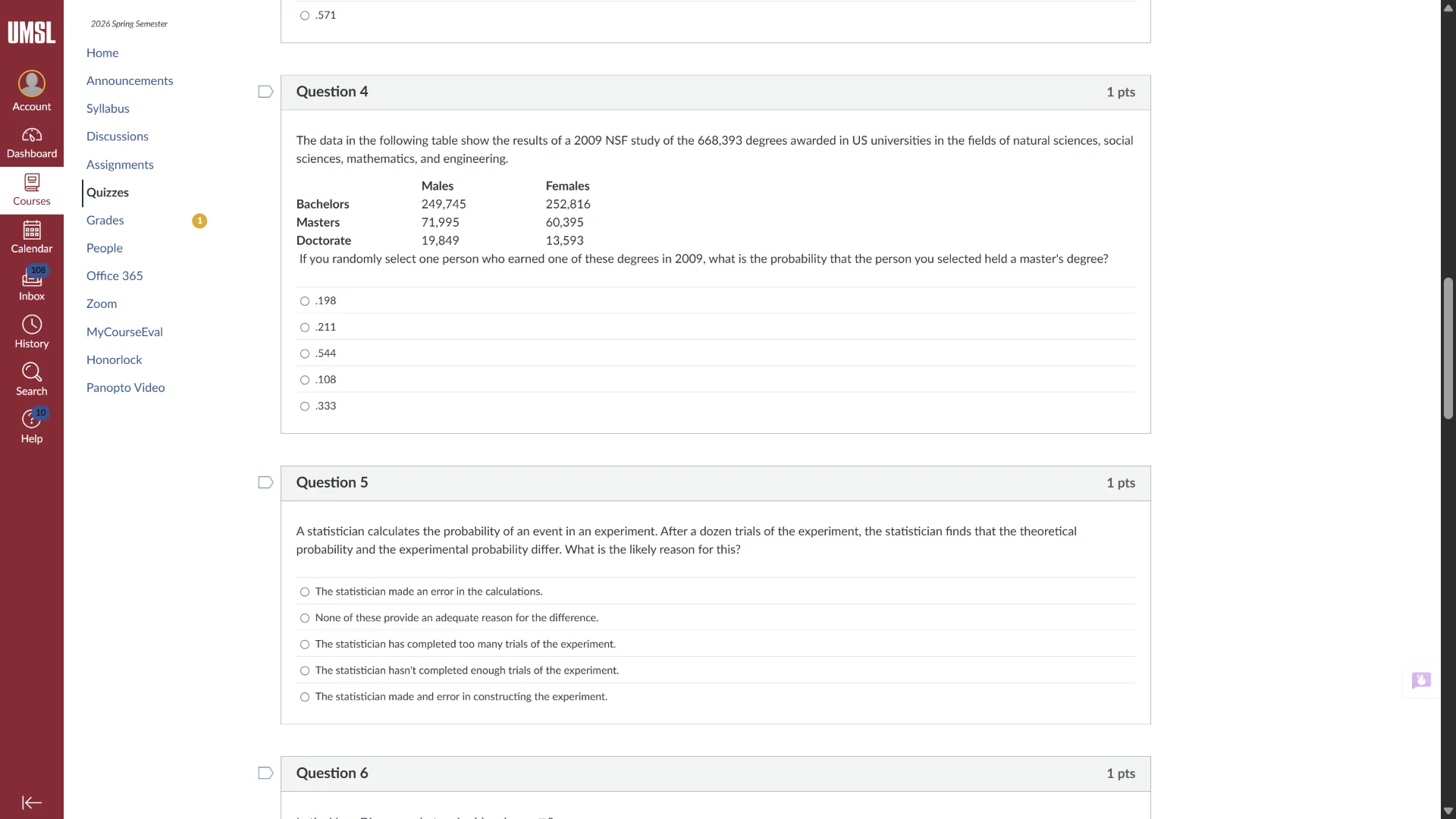 question 4 1 pts the data in the following table show the results of a …