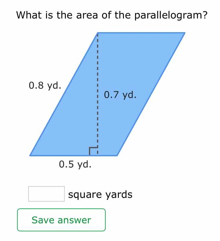 what is the area of the parallelogram? 0.8 yd. 0.7 yd. 0.5 yd. square y…