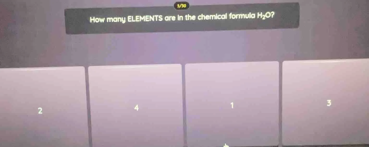 how many elements are in the chemical formula h₂o? 2 4 1 3