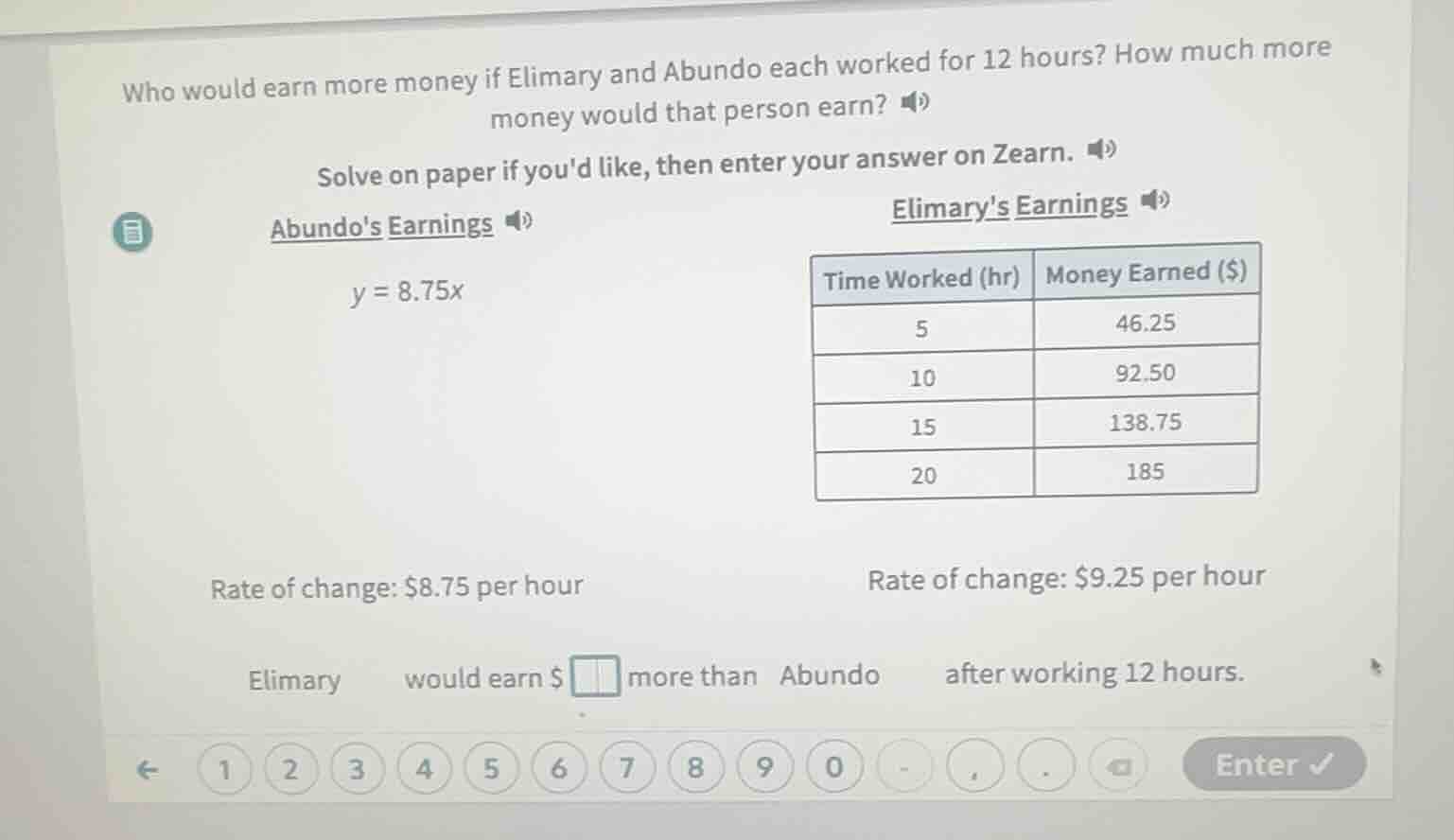 who would earn more money if elimary and abundo each worked for 12 hour…