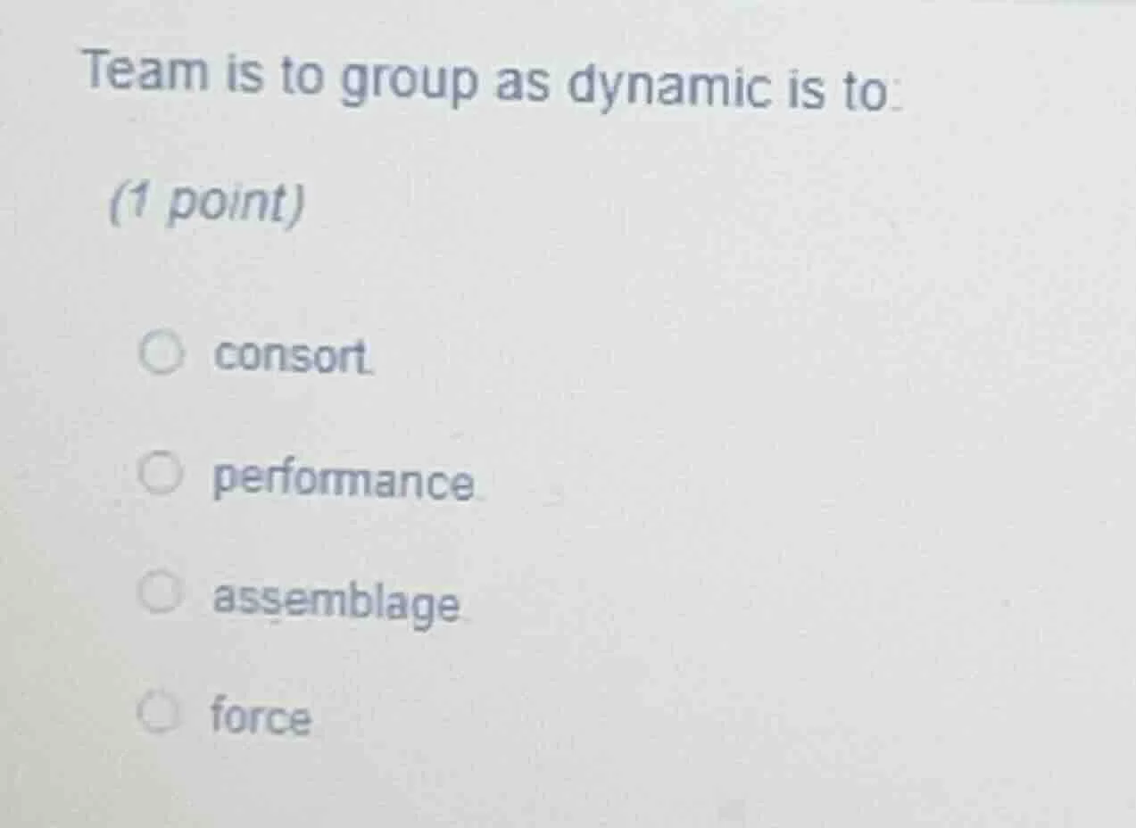 team is to group as dynamic is to:(1 point)consortperformanceassemblage…