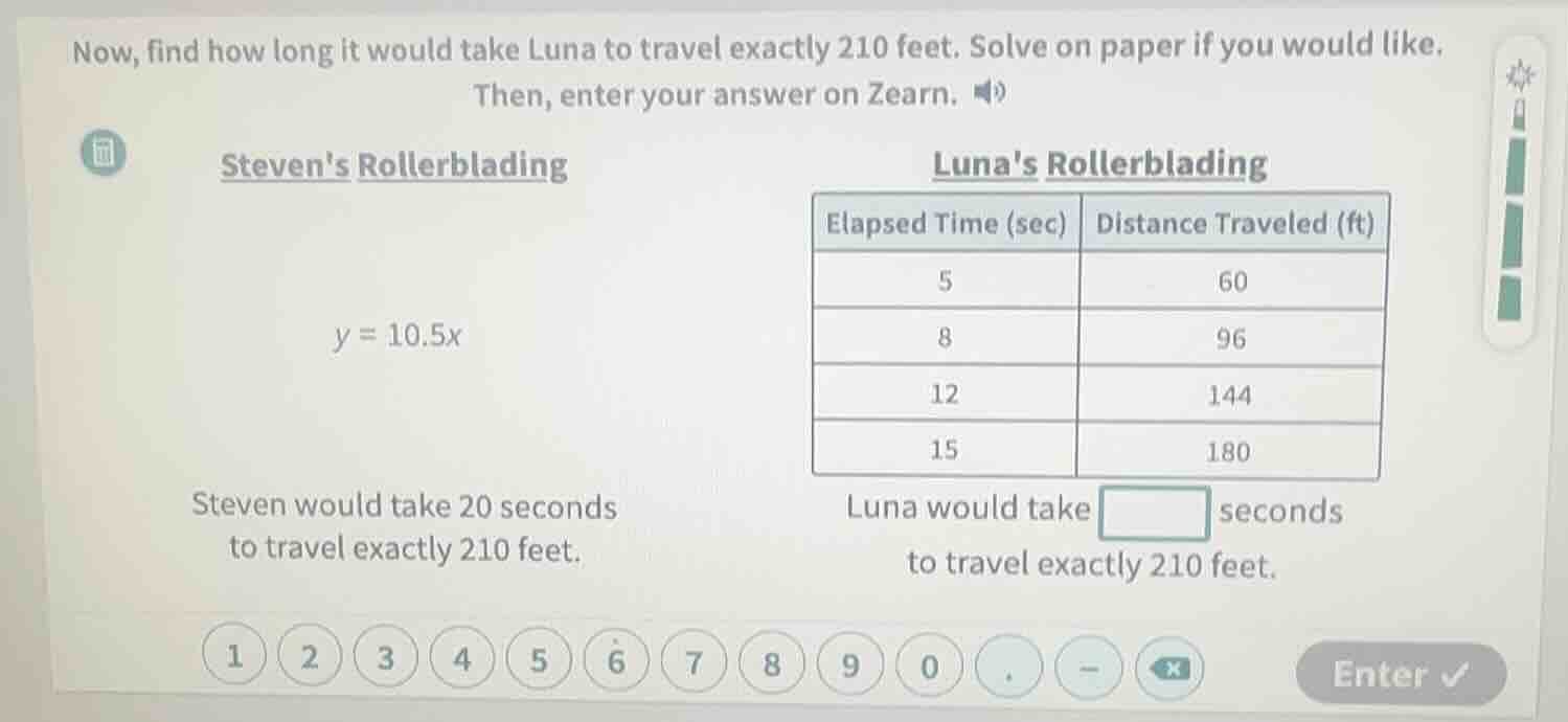 now, find how long it would take luna to travel exactly 210 feet. solve…