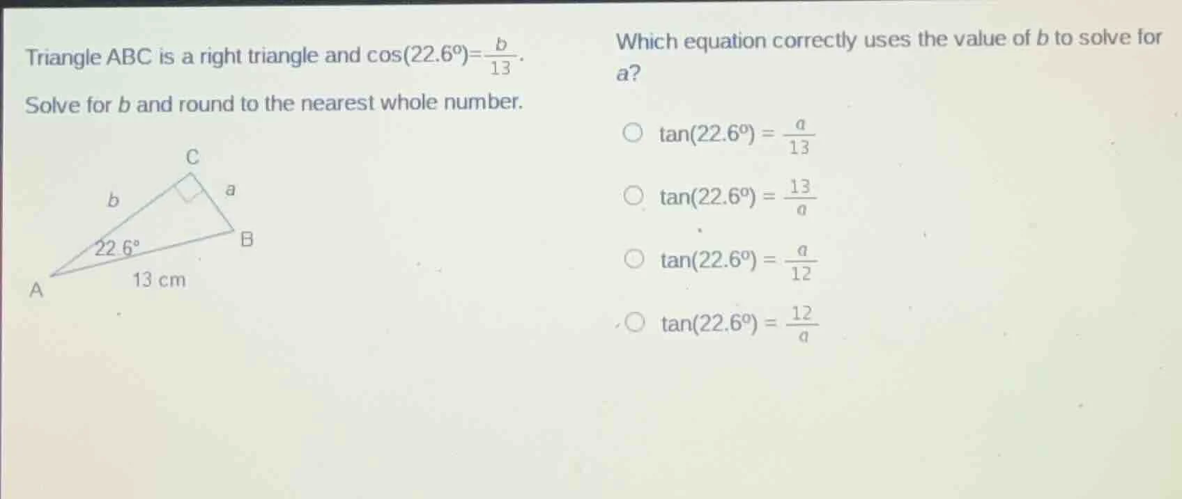 triangle abc is a right triangle and \\(\\cos(22.6^\\circ)=\\frac{b}{13…