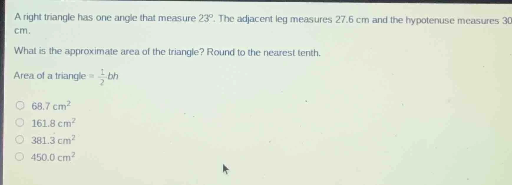 a right triangle has one angle that measure 23°. the adjacent leg measu…