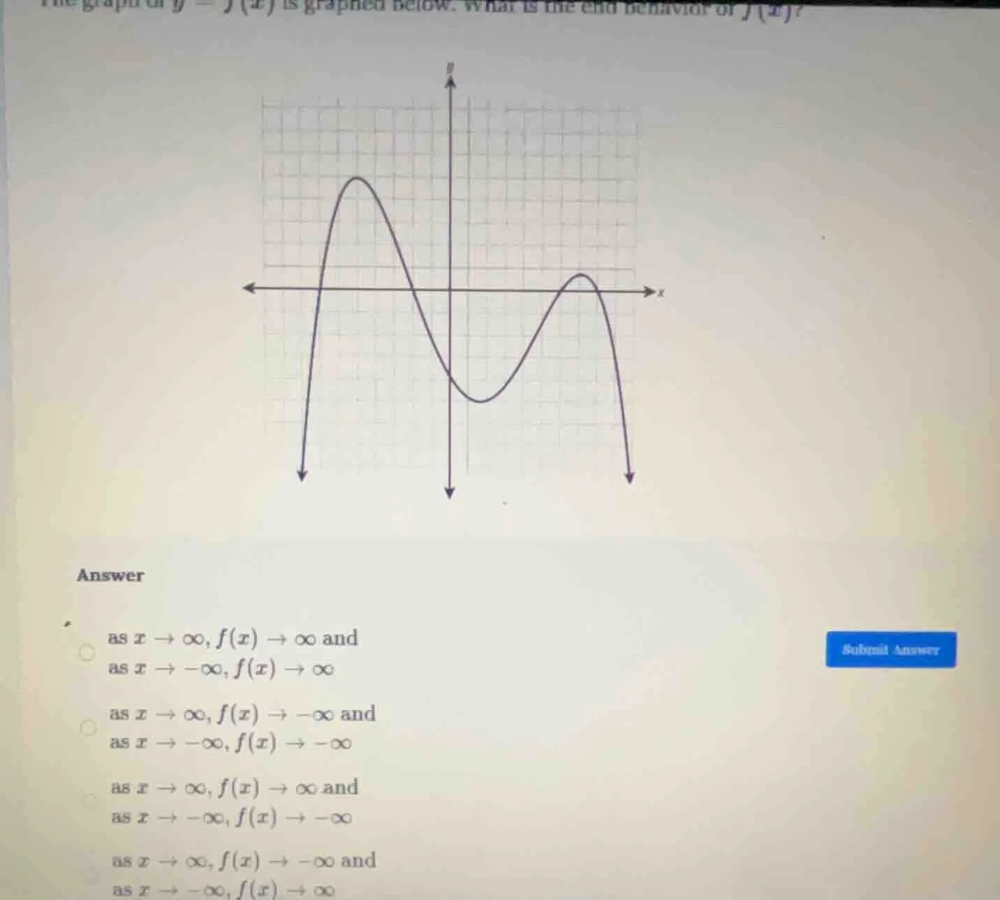 the graph of ( y = f(x) ) is graphed below. what is the end behavior of…