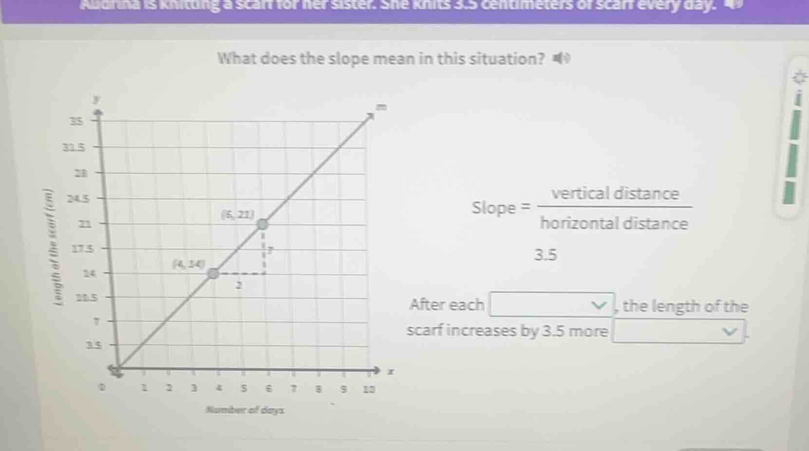 audrina is knitting a scarf for her sister. she knits 3.5 centimeters o…