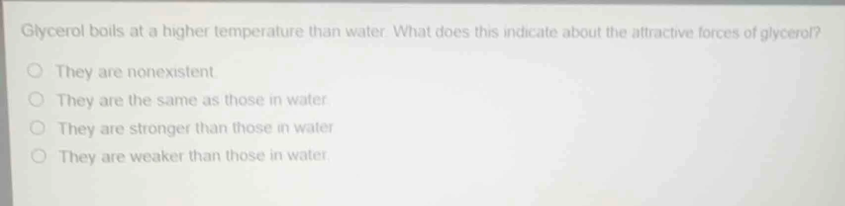 glycerol boils at a higher temperature than water. what does this indic…