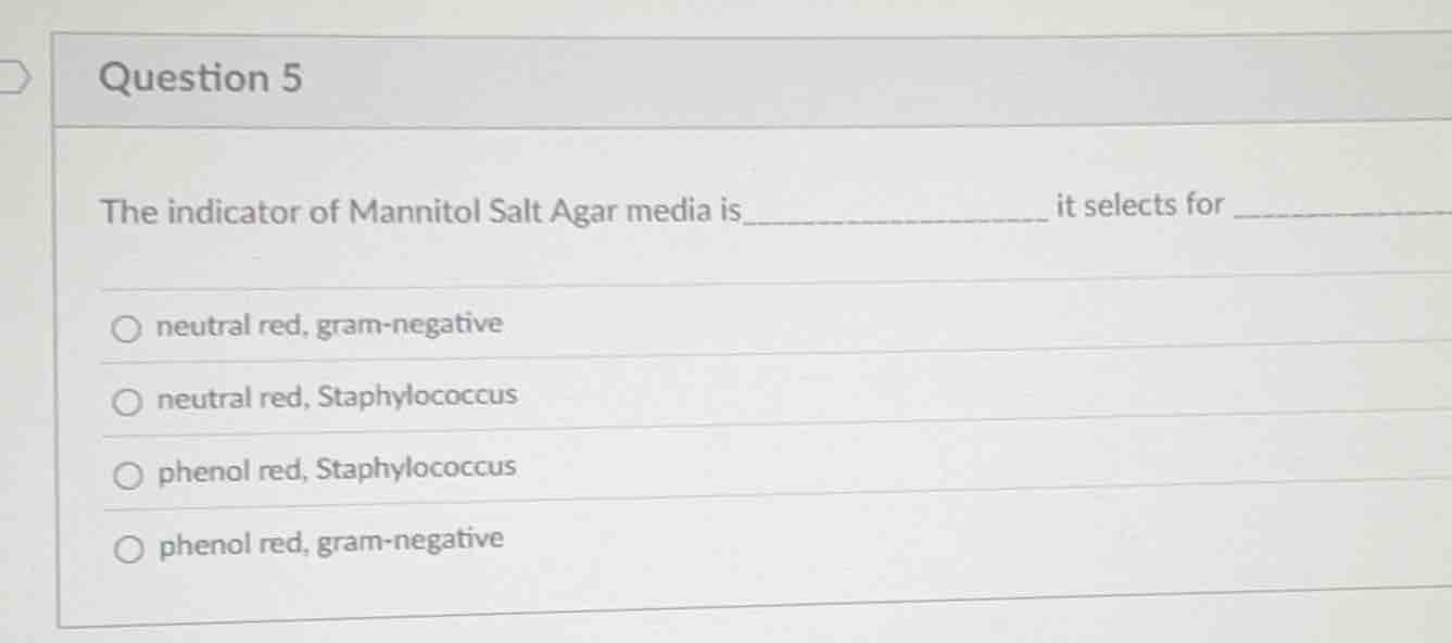 question 5 the indicator of mannitol salt agar media is_______________ …