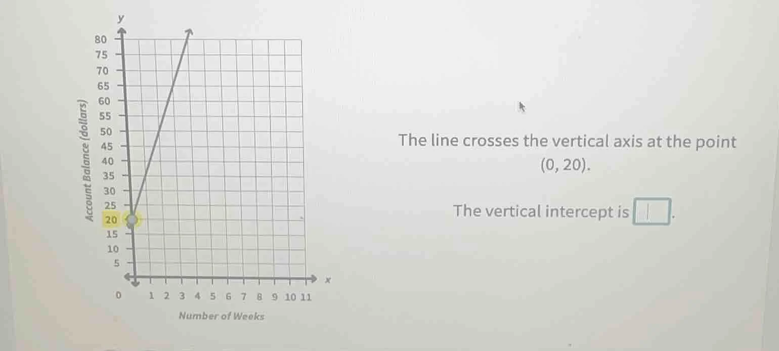the line crosses the vertical axis at the point (0, 20). the vertical i…