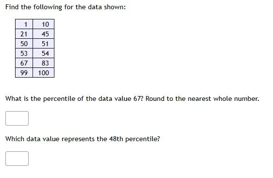 find the following for the data shown: 1 10 21 45 50 51 53 54 67 83 99 …
