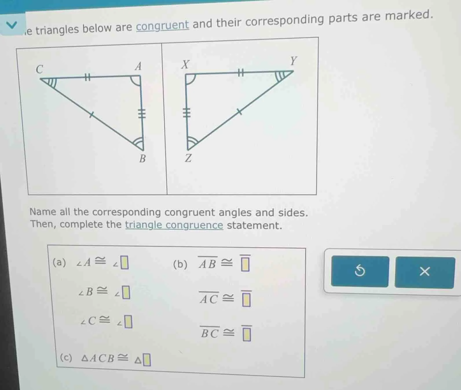 the triangles below are congruent and their corresponding parts are mar…