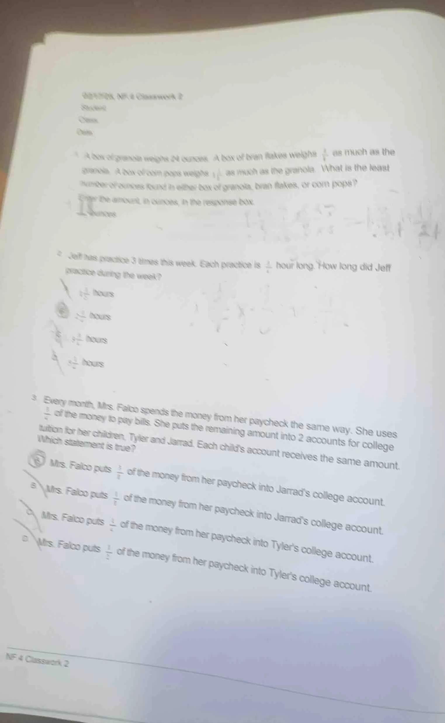 1 a box of granola weighs 24 ounces. a box of bran flakes weighs \\(\\f…