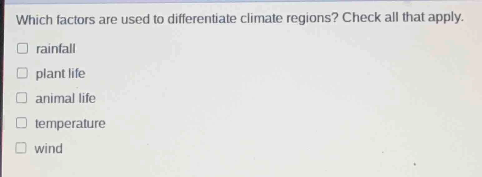 which factors are used to differentiate climate regions? check all that…