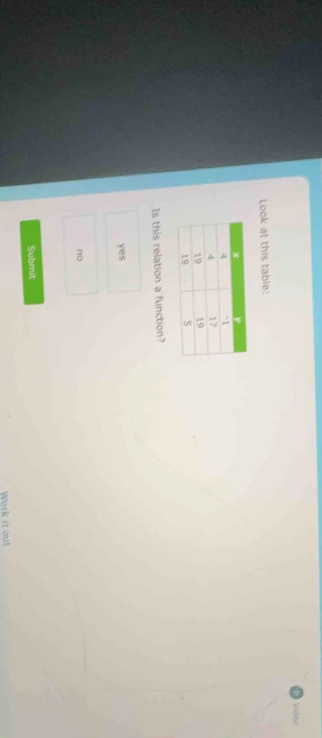 look at this table: x | 4 | 4 | 19 | 19 y | -1 | 17 | 19 | 5 is this re…