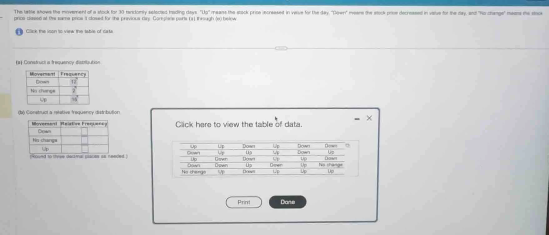 the table shows the movement of a stock for 30 randomly selected tradin…