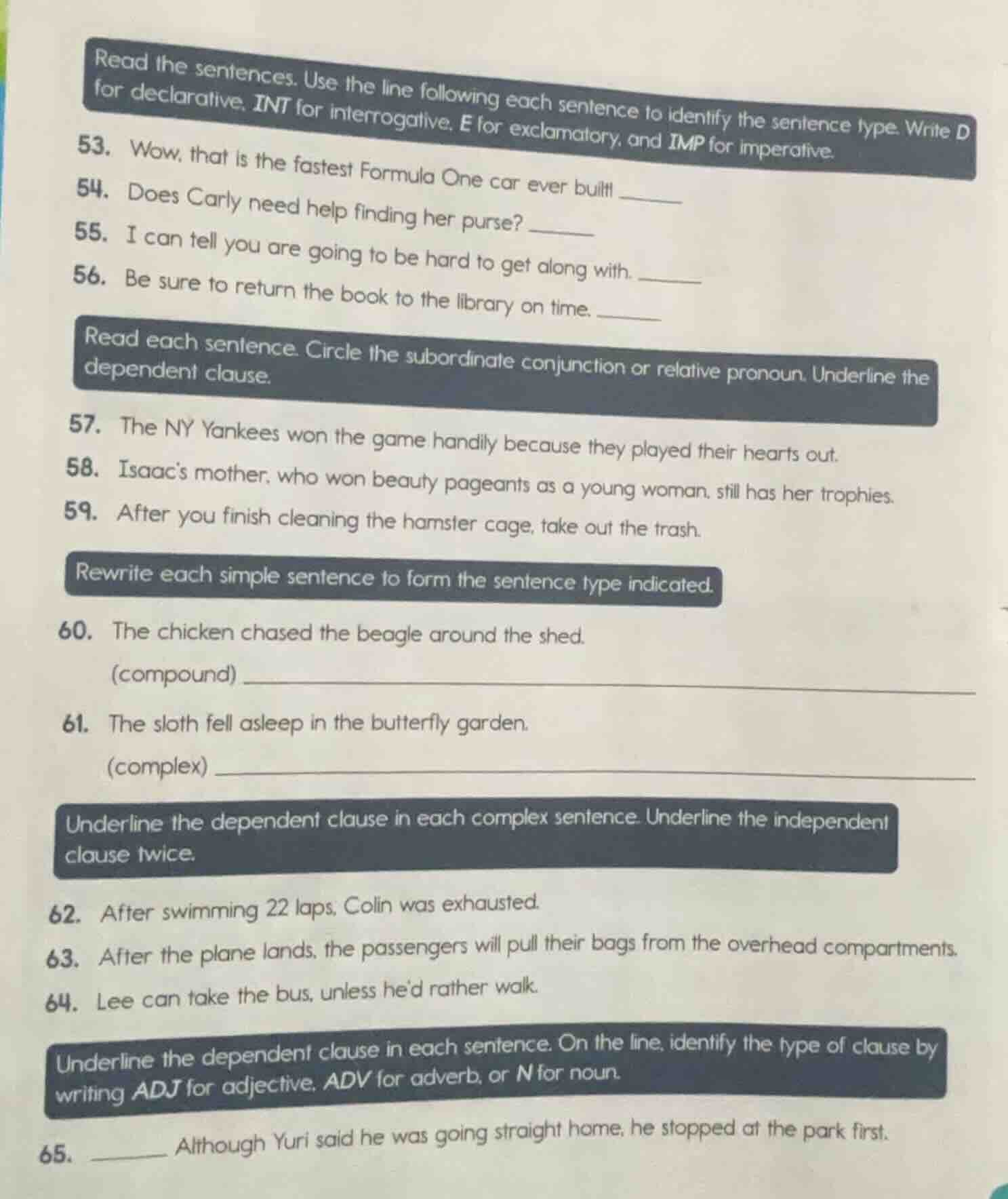 read the sentences. use the line following each sentence to identify th…