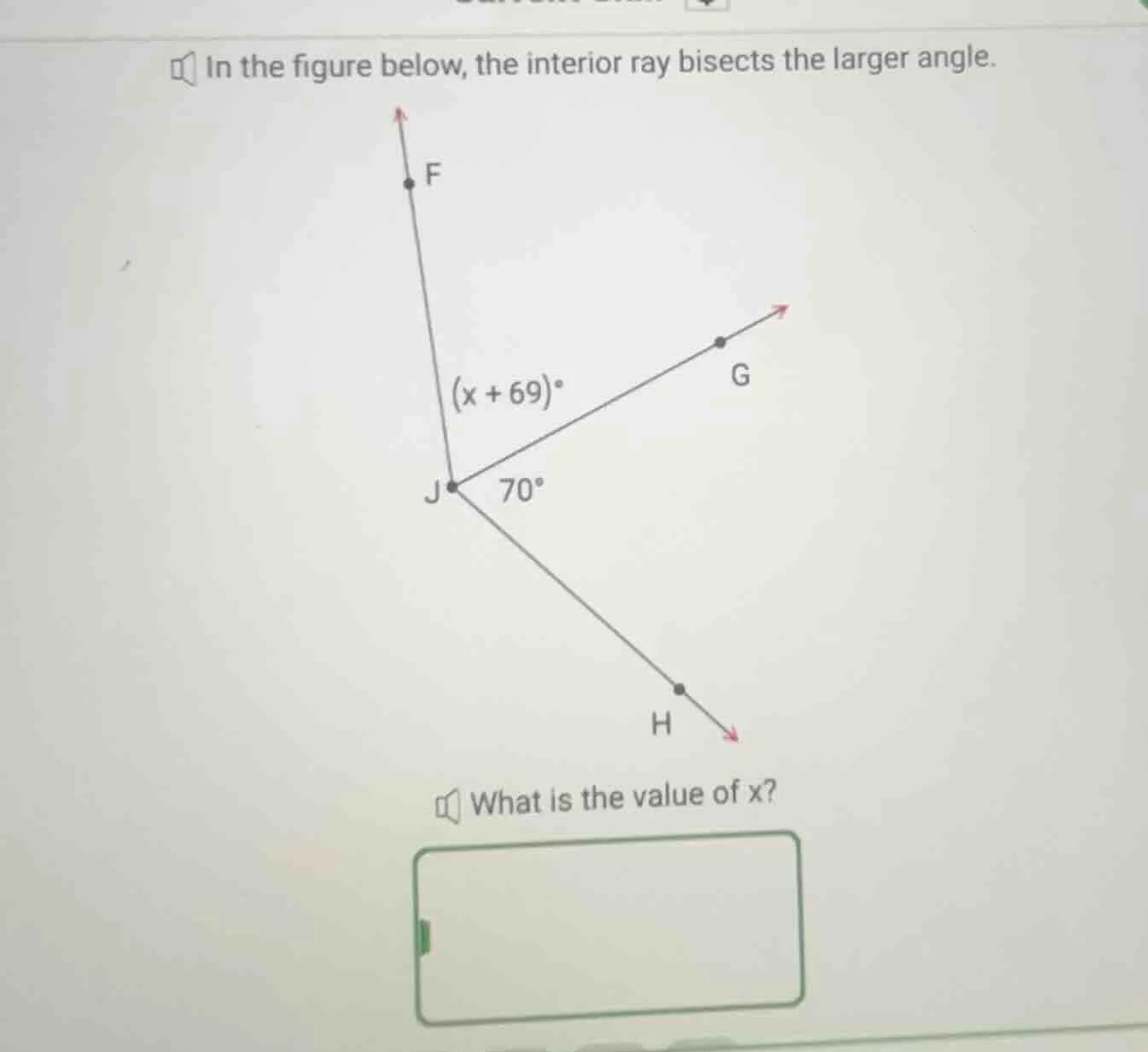 in the figure below, the interior ray bisects the larger angle. what is…