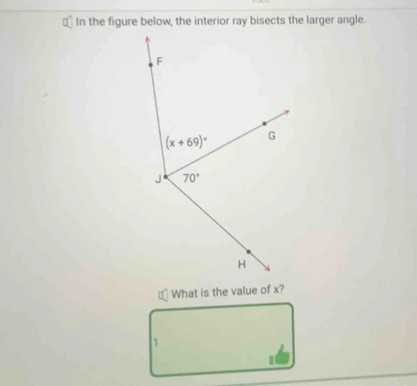 in the figure below, the interior ray bisects the larger angle. what is…