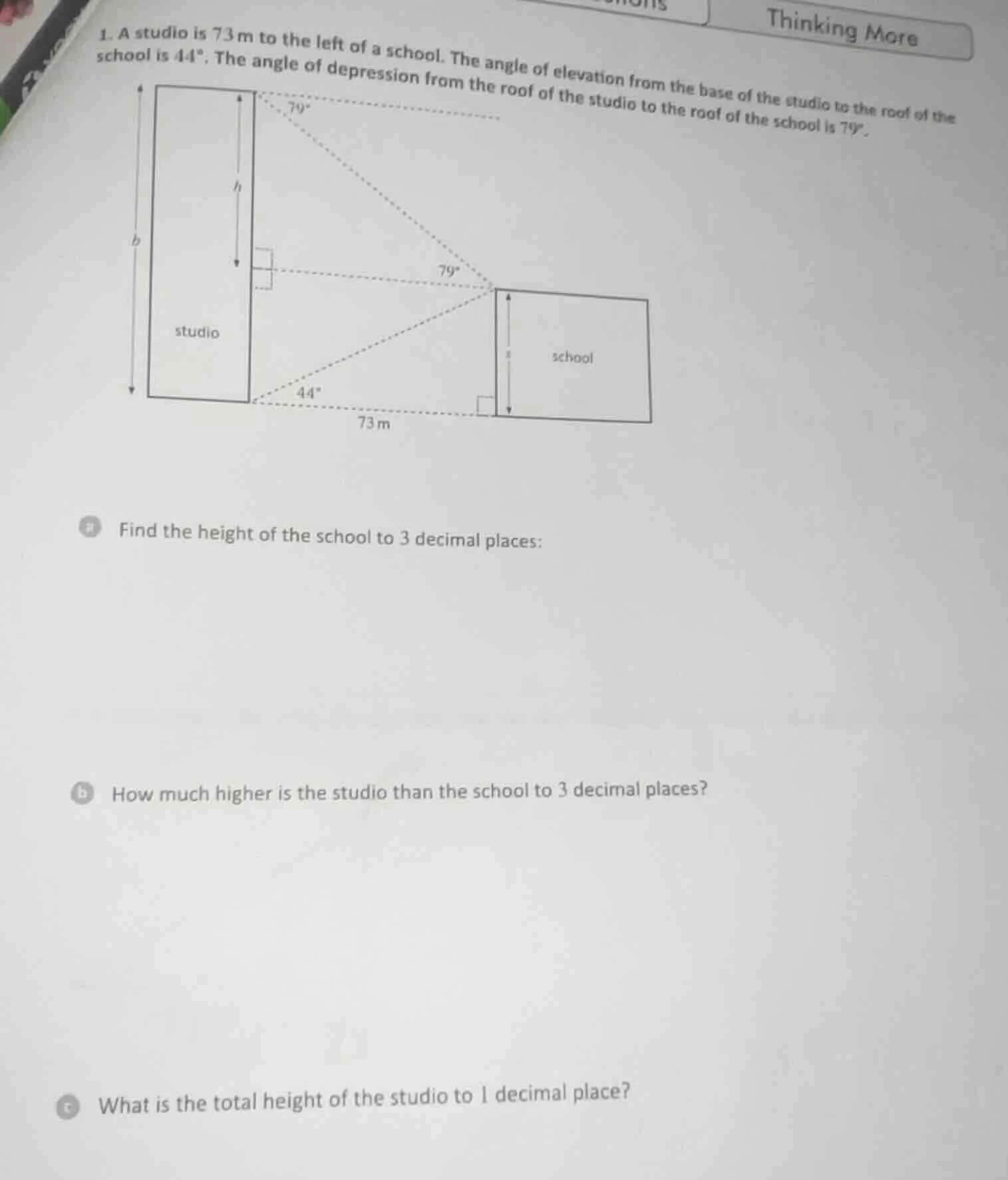 1. a studio is 73m to the left of a school. the angle of elevation from…