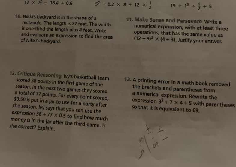 12 × 2² - 18.4 + 0.6 5² - 0.2 × 8 + 12 × ½ 19 + 1⁵ + ½ + 5 10. nikki’s …