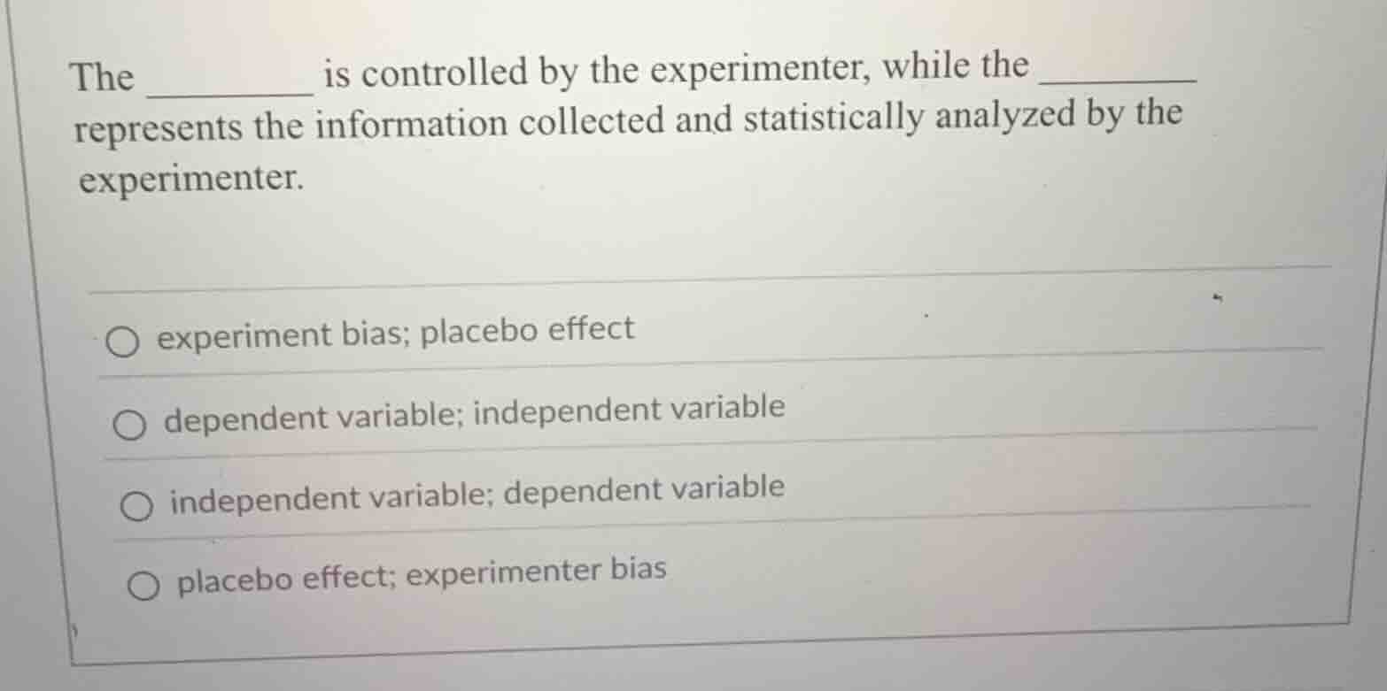 the ______ is controlled by the experimenter, while the ______ represen…