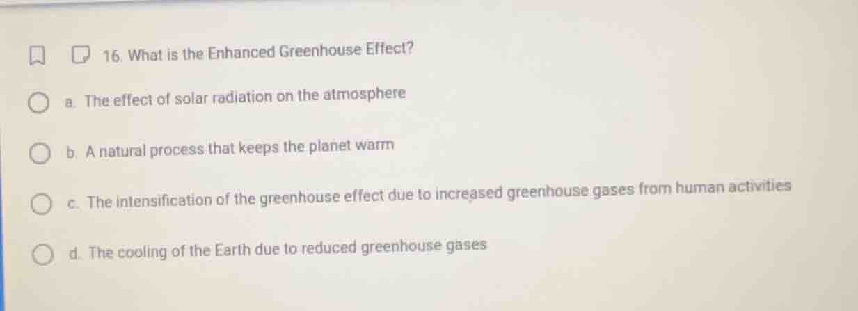 16. what is the enhanced greenhouse effect? a. the effect of solar radi…