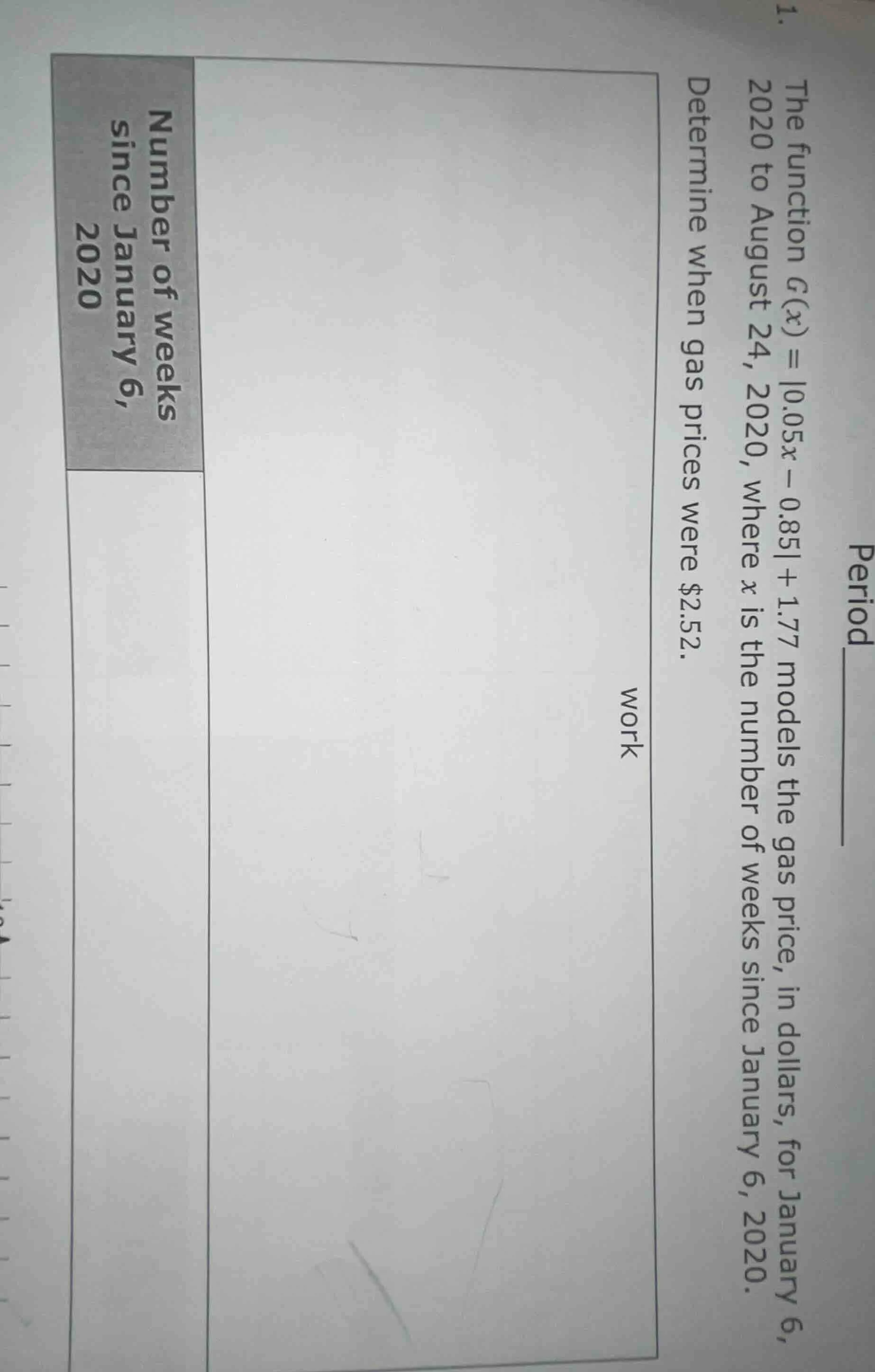 1. the function ( g(x) = |0.05x - 0.85| + 1.77 ) models the gas price, …