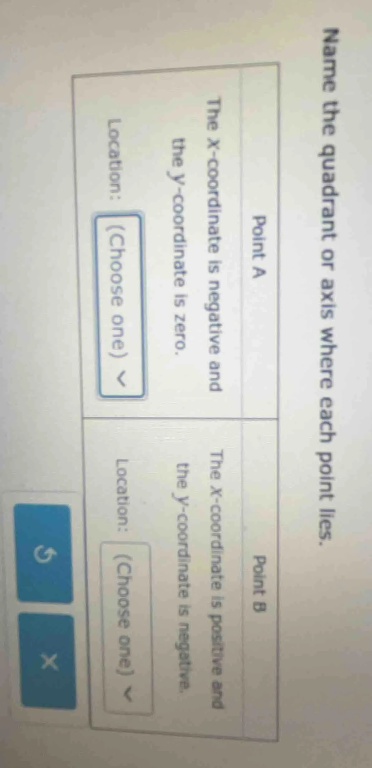 name the quadrant or axis where each point lies. point a the x - coordi…