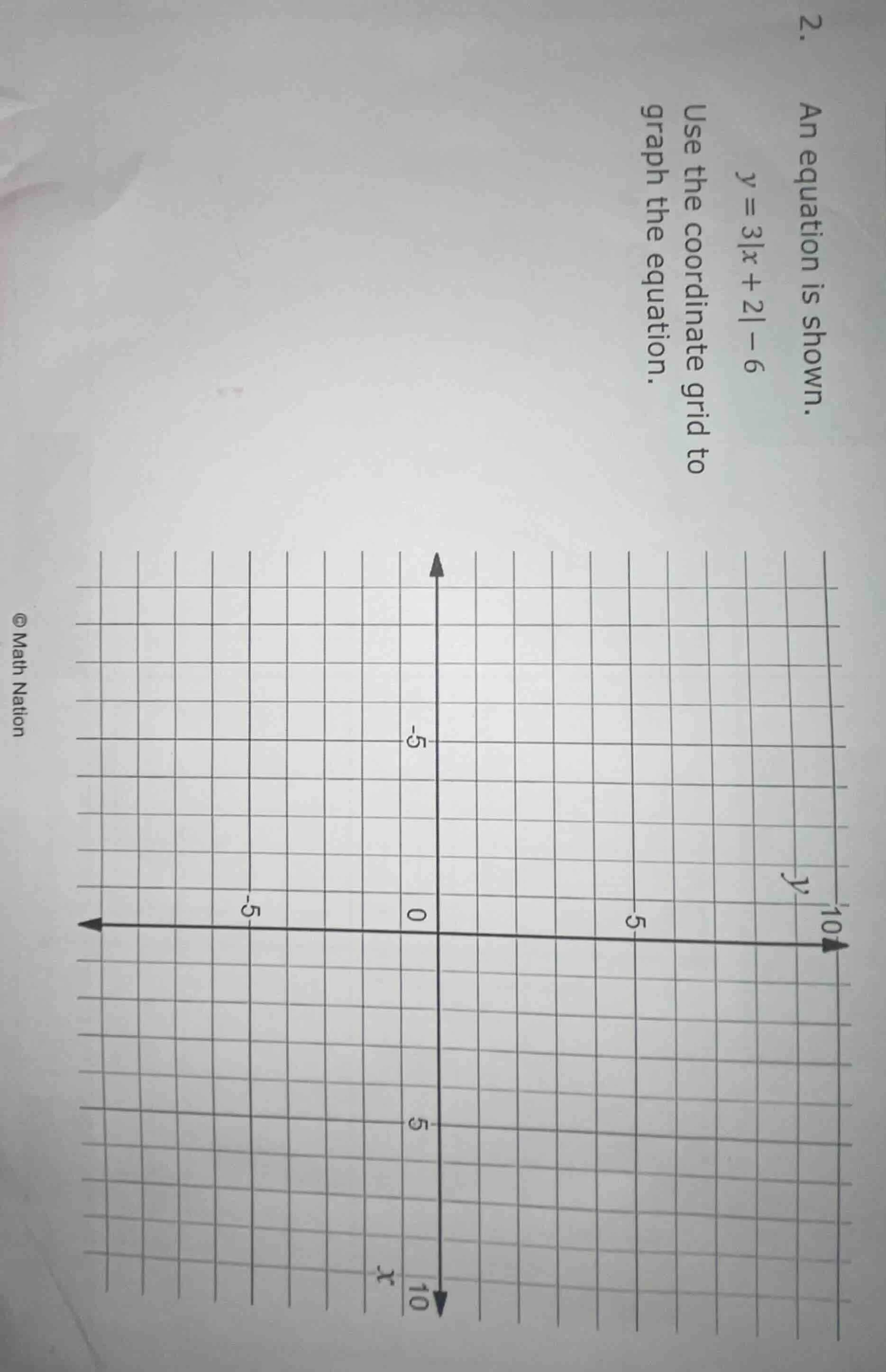 2. an equation is shown. ( y = 3|x + 2| - 6 ) use the coordinate grid t…