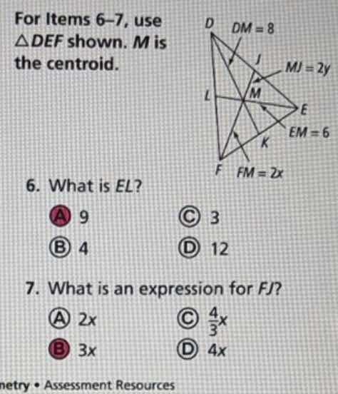 for items 6–7, use △def shown. m is the centroid. 6. what is el? a 9 c …