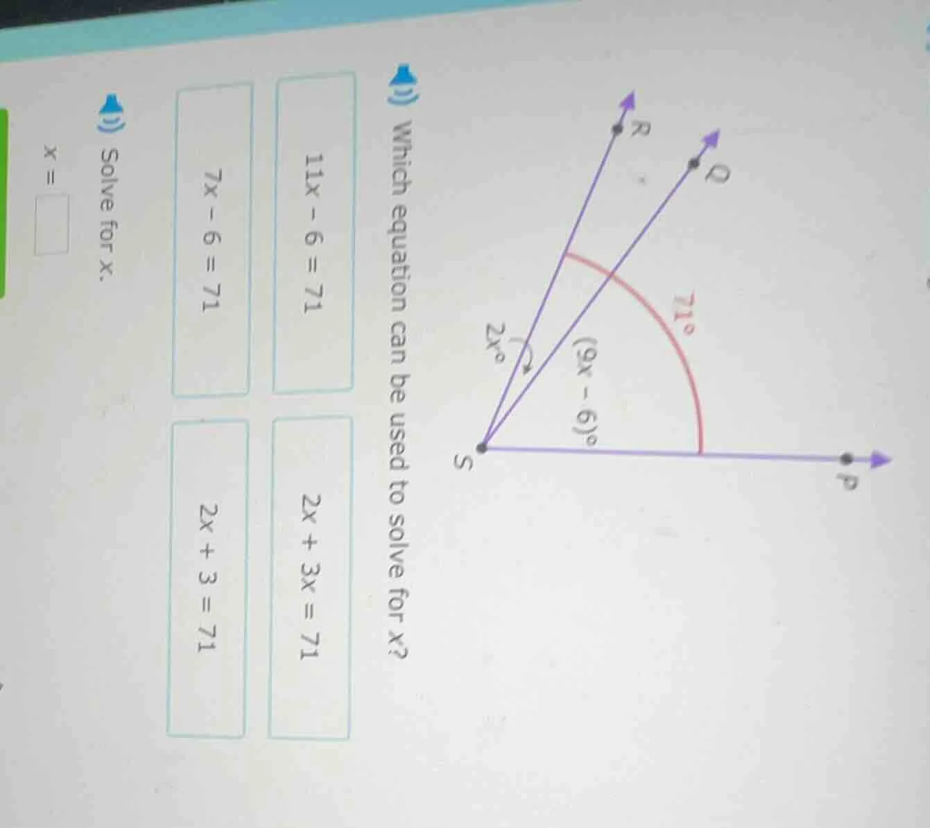 which equation can be used to solve for x? 11x - 6 = 71 7x - 6 = 71 2x …