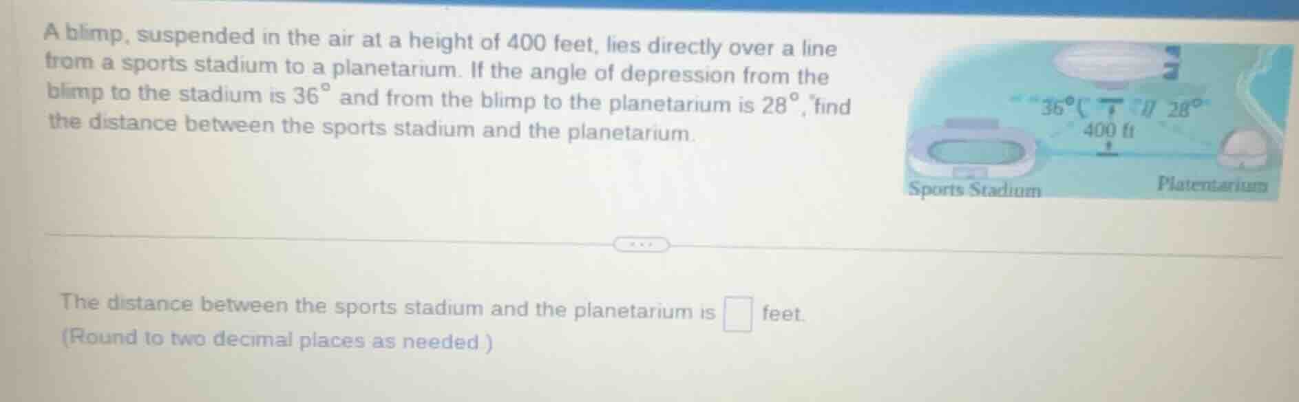 a blimp, suspended in the air at a height of 400 feet, lies directly ov…