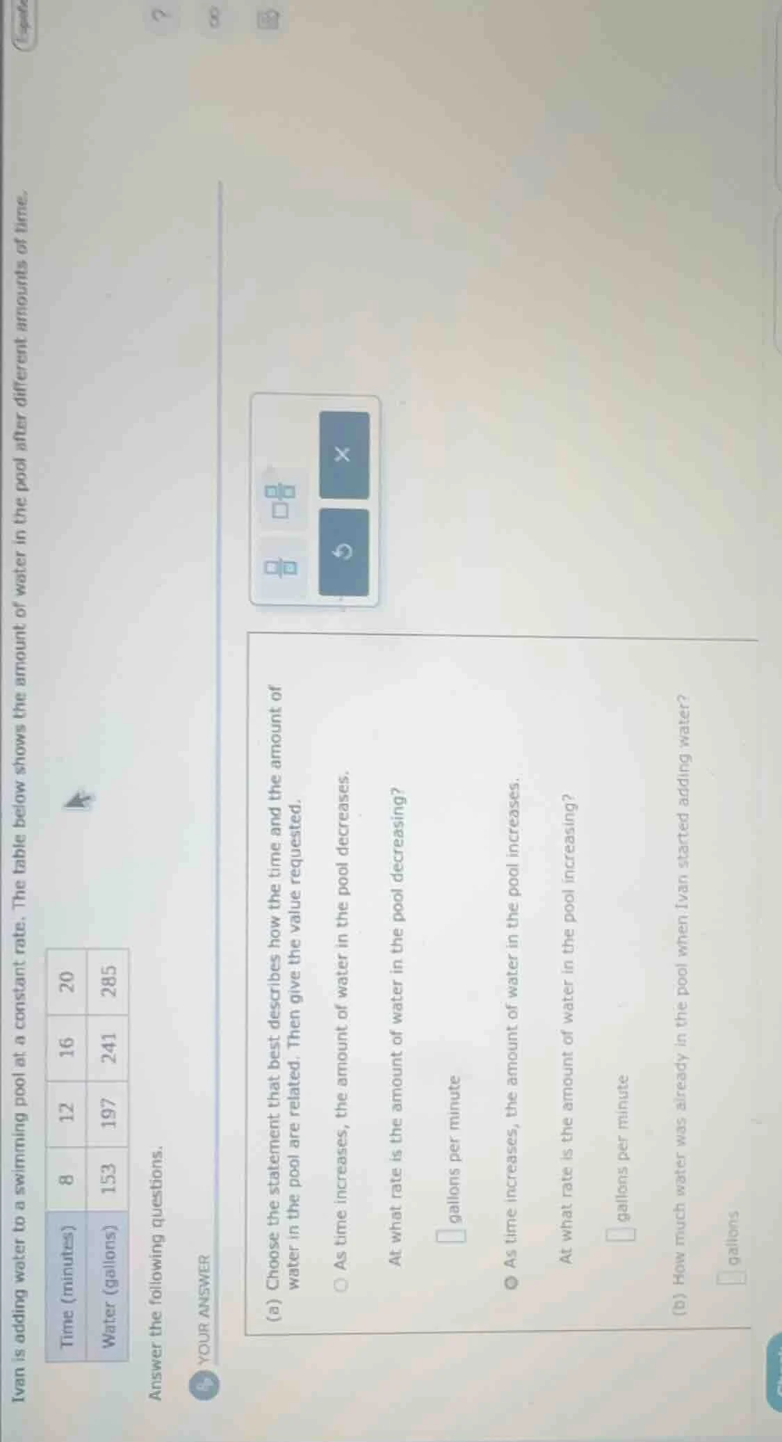 ivan is adding water to a swimming pool at a constant rate. the table b…