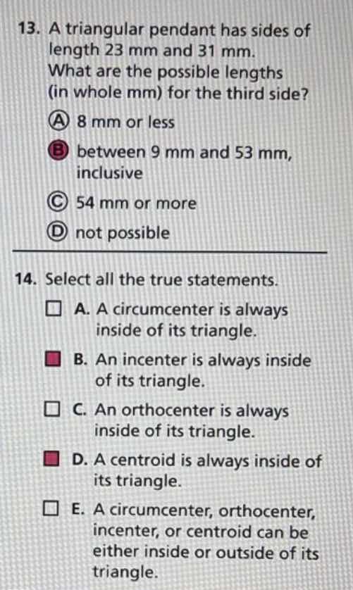13. a triangular pendant has sides of length 23 mm and 31 mm. what are …