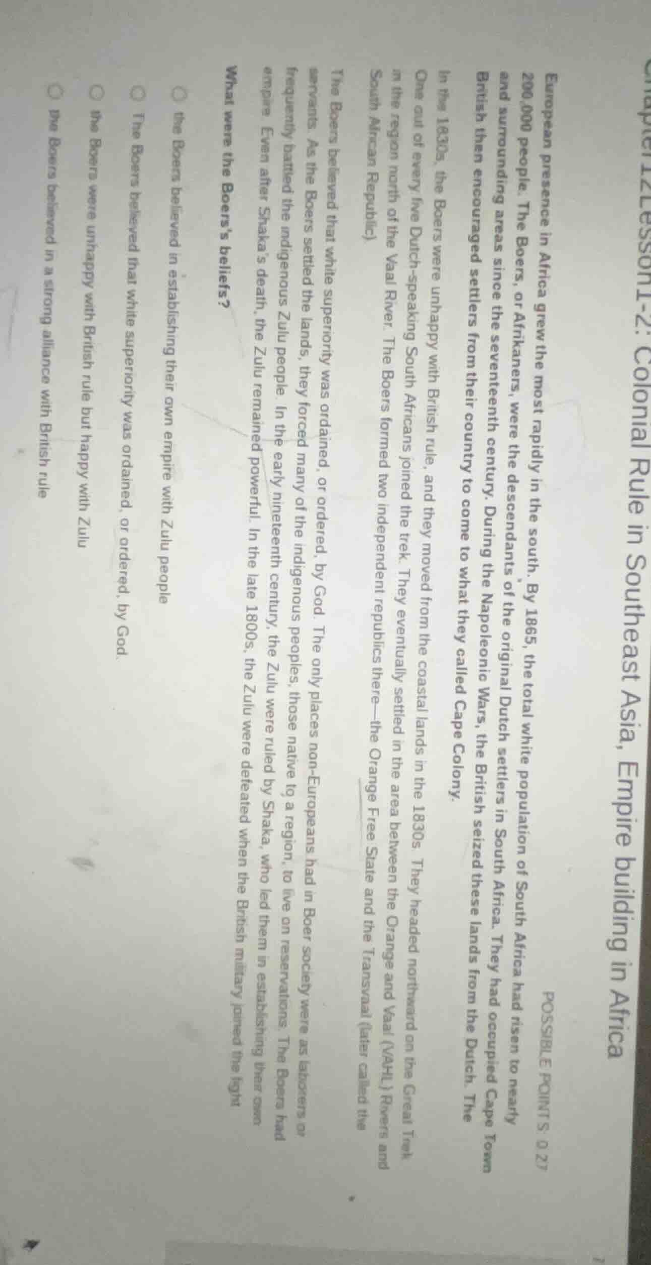 european presence in africa grew the most rapidly in the south. by 1865…