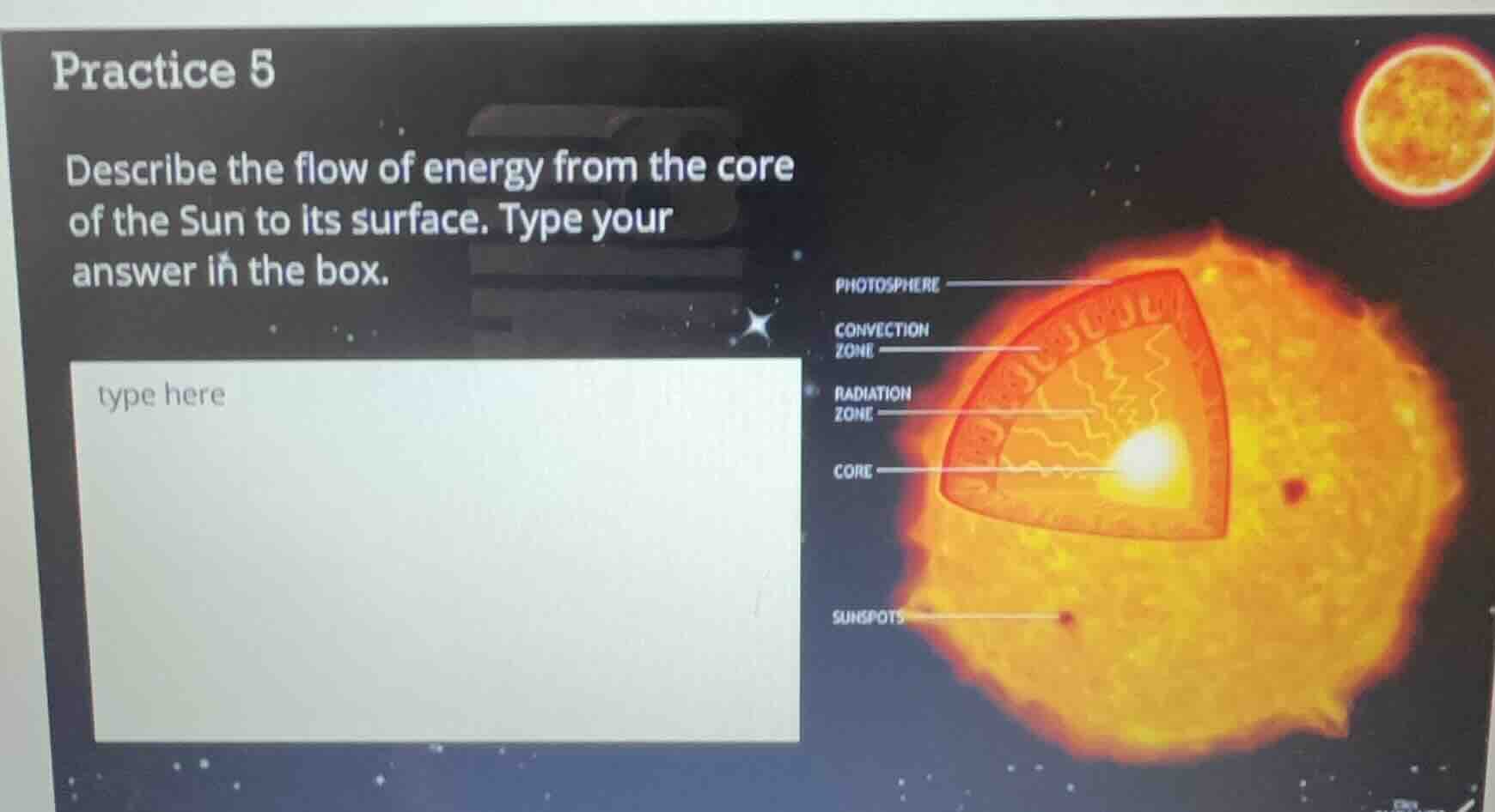 practice 5 describe the flow of energy from the core of the sun to its …