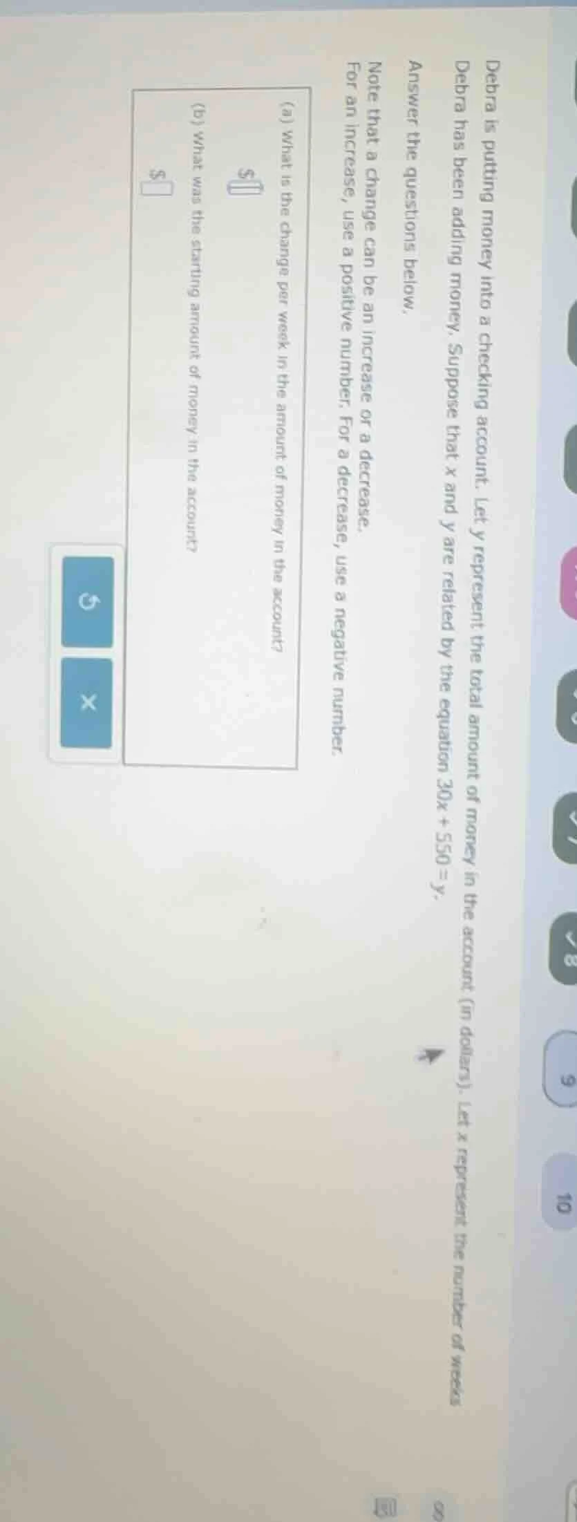 debra is putting money into a checking account. let y represent the tot…