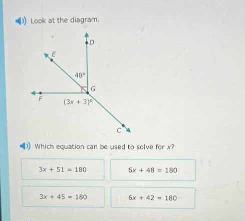 look at the diagram. which equation can be used to solve for x? 3x + 51…