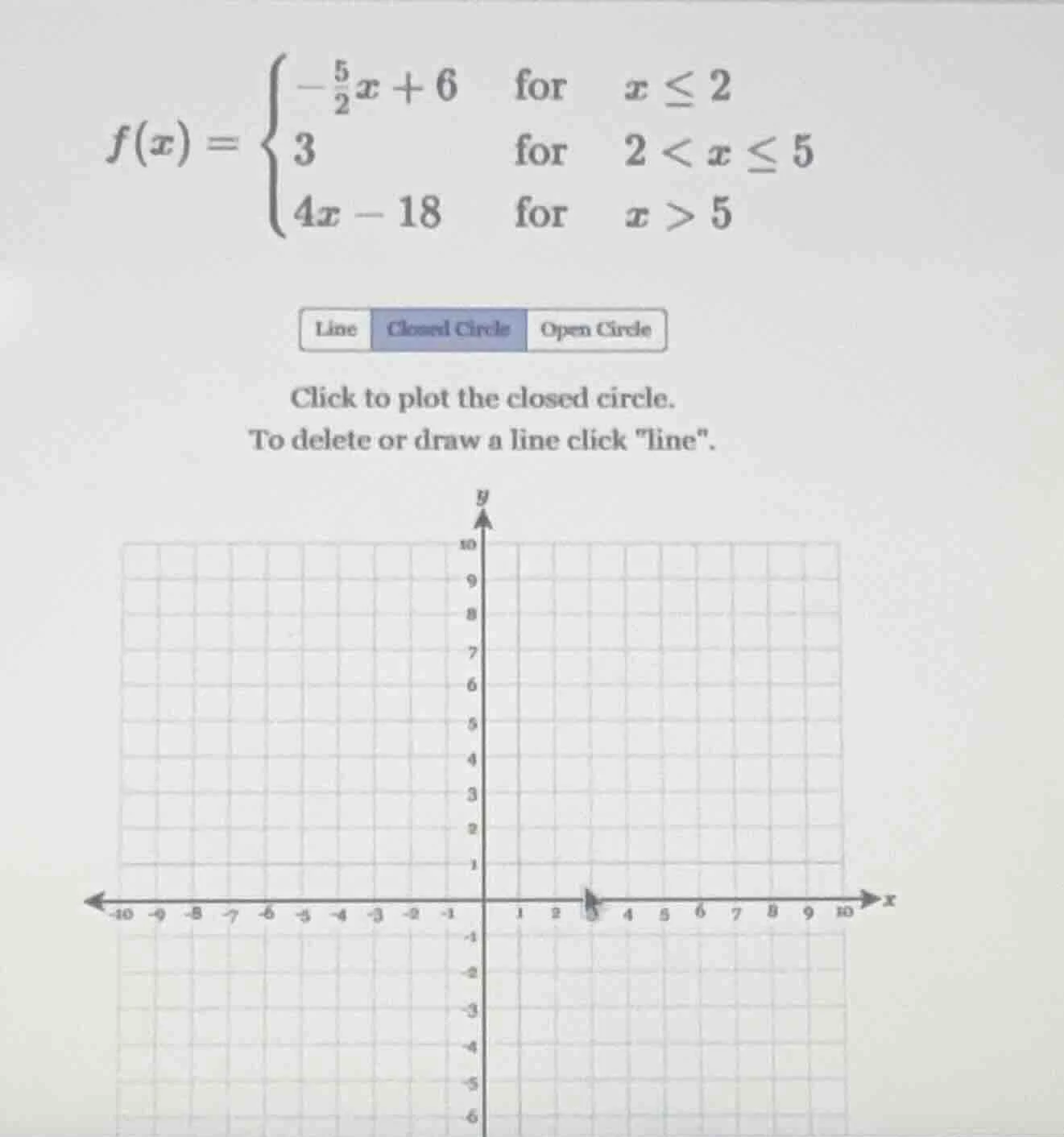 f(x) = \\begin{cases} -\\frac{5}{2}x + 6 & \\text{for} & x \\leq 2 \\\\…