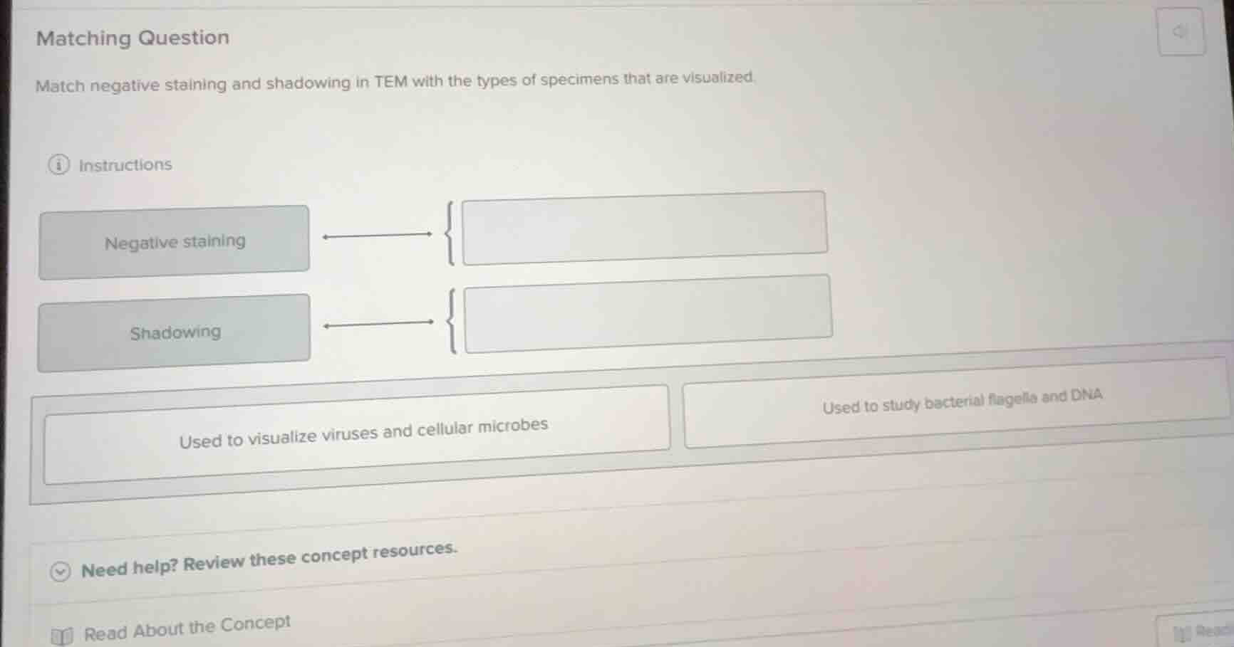 matching question match negative staining and shadowing in tem with the…