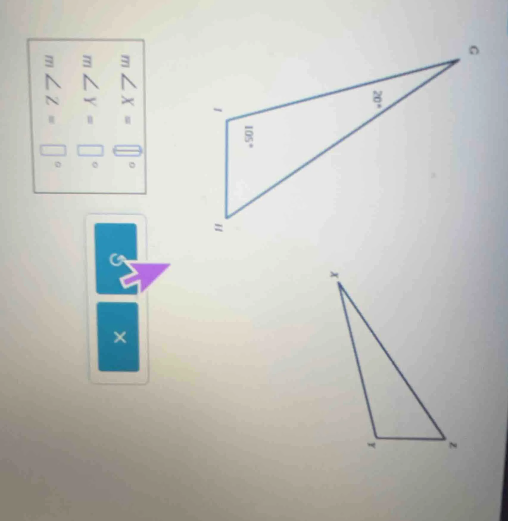 m∠x = m∠y = m∠z = (there are two triangles in the image, one with angle…