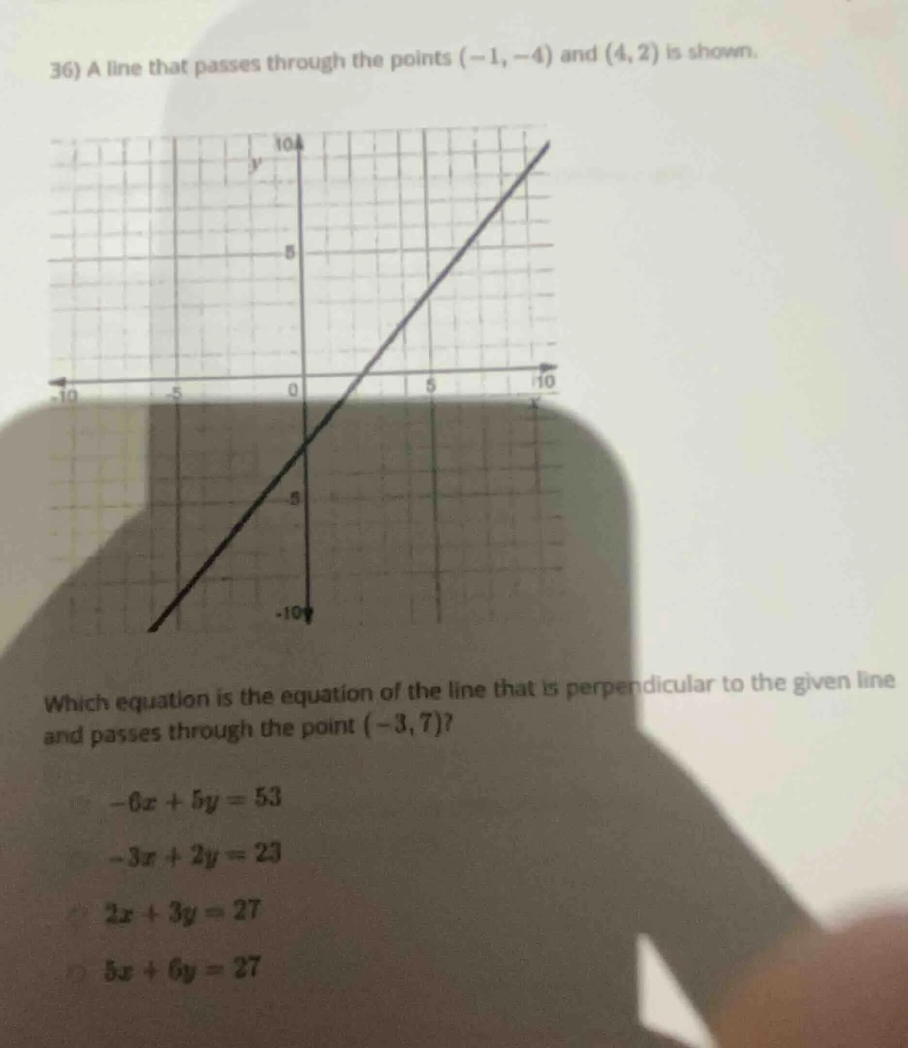 36) a line that passes through the points (-1, -4) and (4, 2) is shown.…