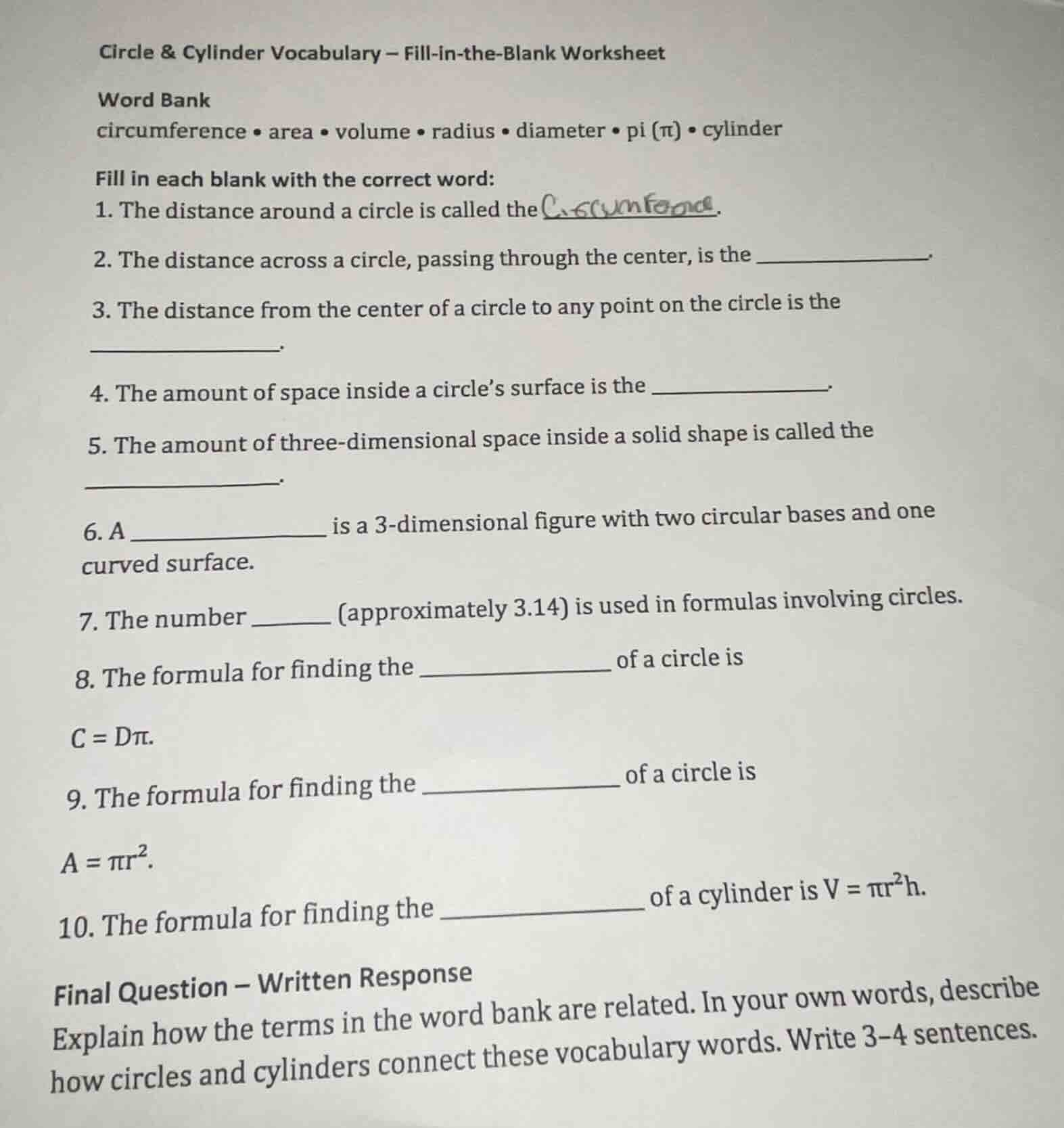 circle & cylinder vocabulary – fill-in-the-blank worksheet word bank ci…