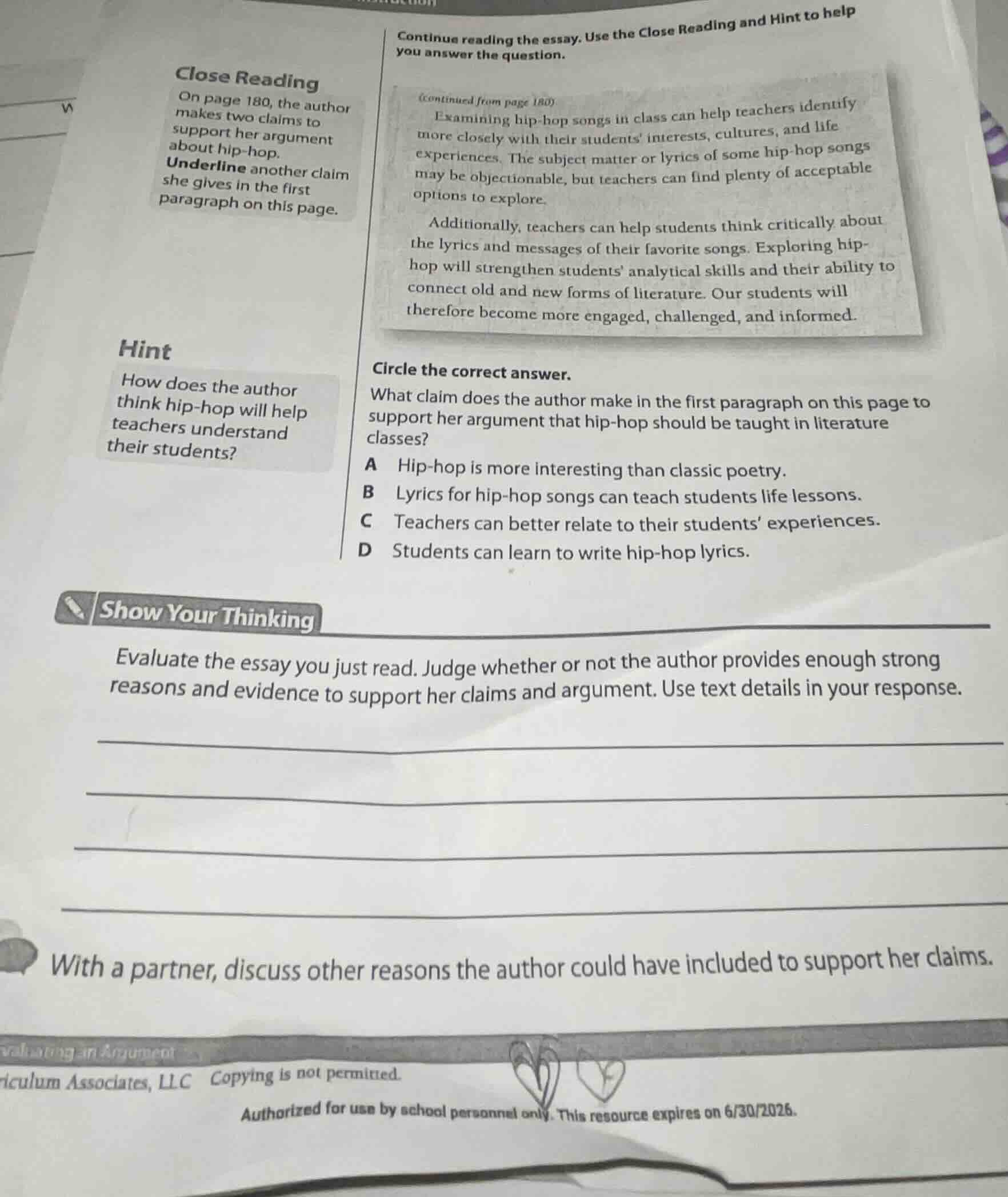 continue reading the essay. use the close reading and hint to help you …