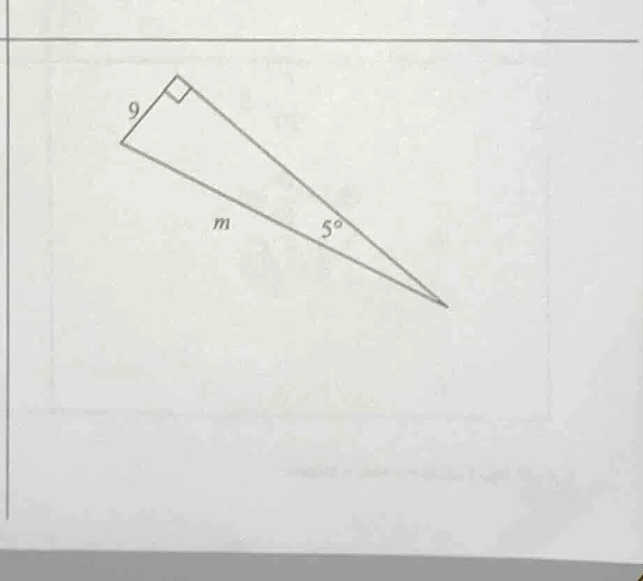 a right triangle with one leg length 9, hypotenuse length m, and one ac…