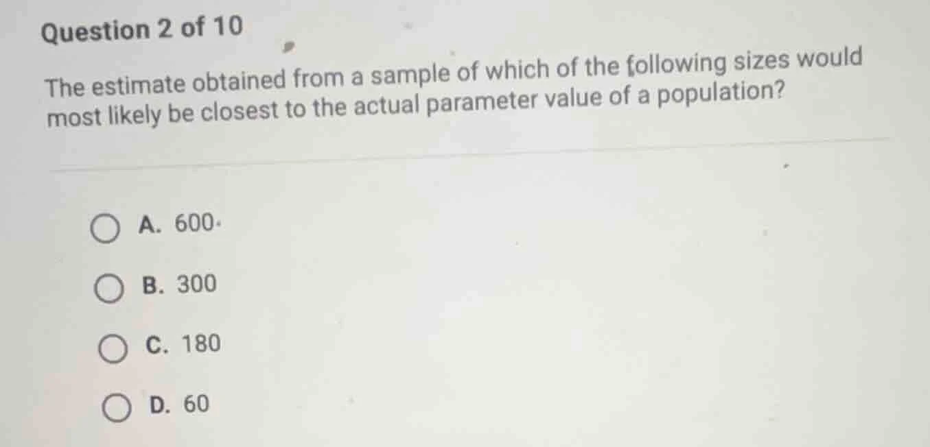 question 2 of 10 the estimate obtained from a sample of which of the fo…