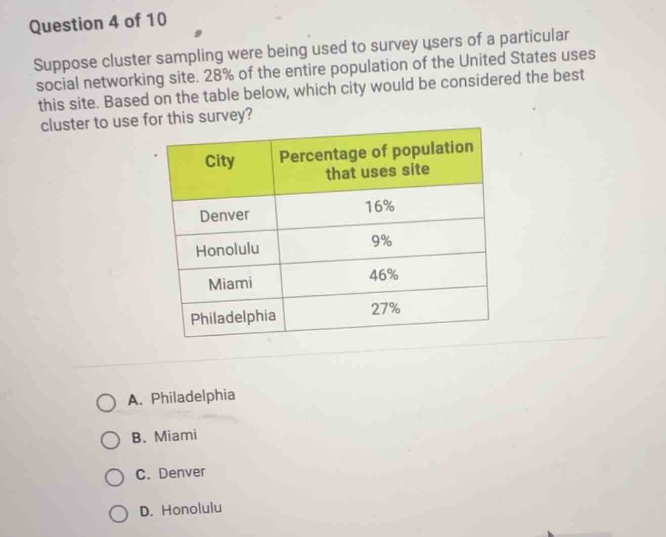 question 4 of 10 suppose cluster sampling were being used to survey use…