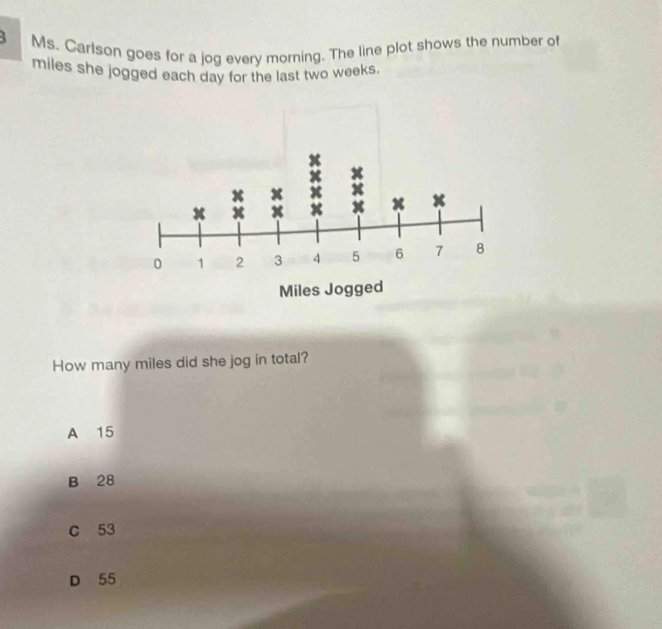ms. carlson goes for a jog every morning. the line plot shows the numbe…