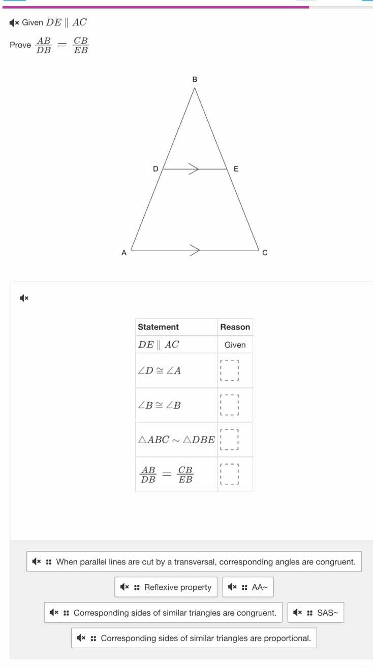 given $de \\parallel ac$ prove $\\frac{ab}{db} = \\frac{cb}{eb}$ | stat…