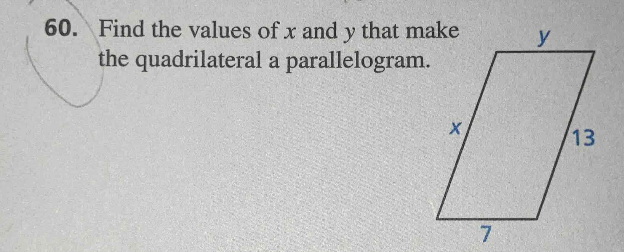 60. find the values of x and y that make the quadrilateral a parallelog…